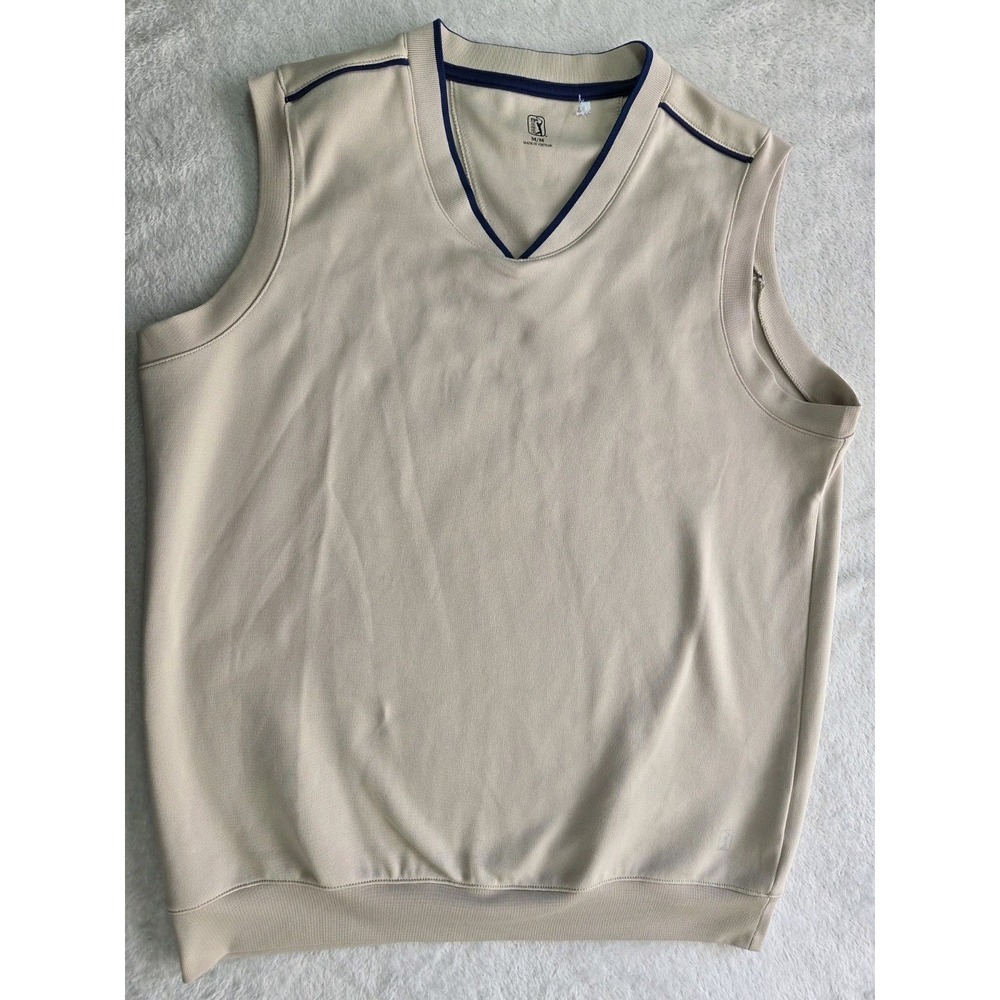 PGA Tour Mens Sweater Vest Size M Beige Golf Sleeveless Pullover Polyester